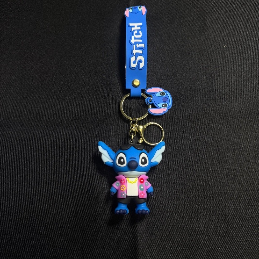 Disney Stitch Keychain Blue Rubber Figure Pink Floral Jacket Strap Key Ring